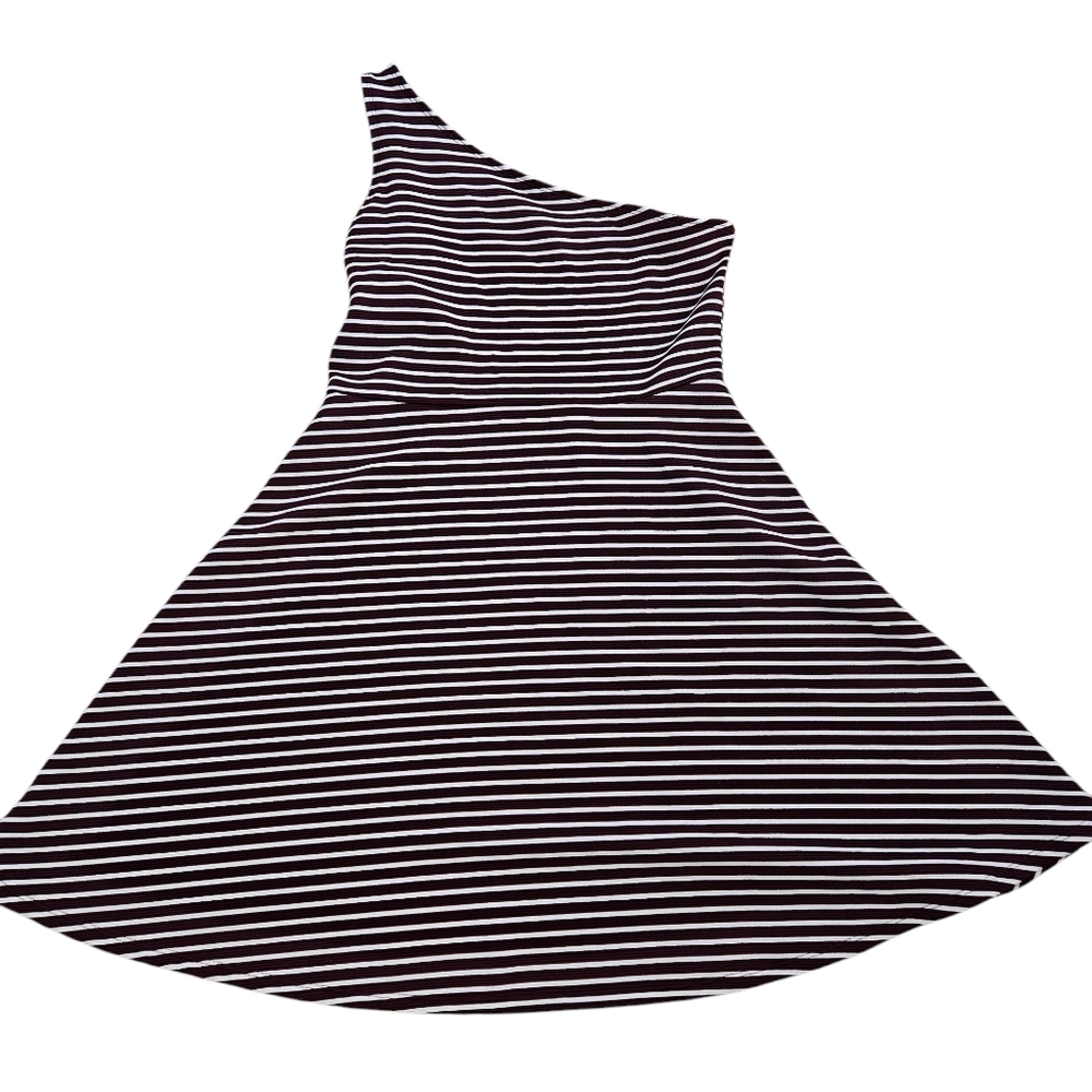 SO wine colored one-shoulder A-line striped dress, L. EUC.